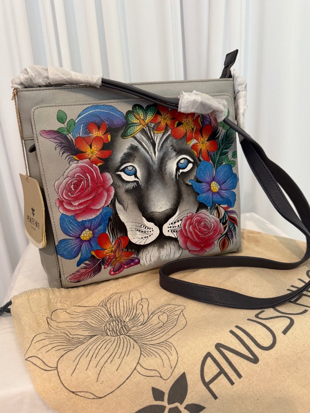 Anuschka Hand Painted Lion Floral Leather Crossbody Shoulder Bag NWT RFID